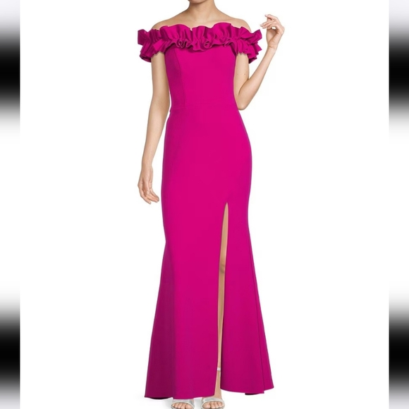Xscape long crepe over the shoulder ruffle gown - Picture 1 of 3